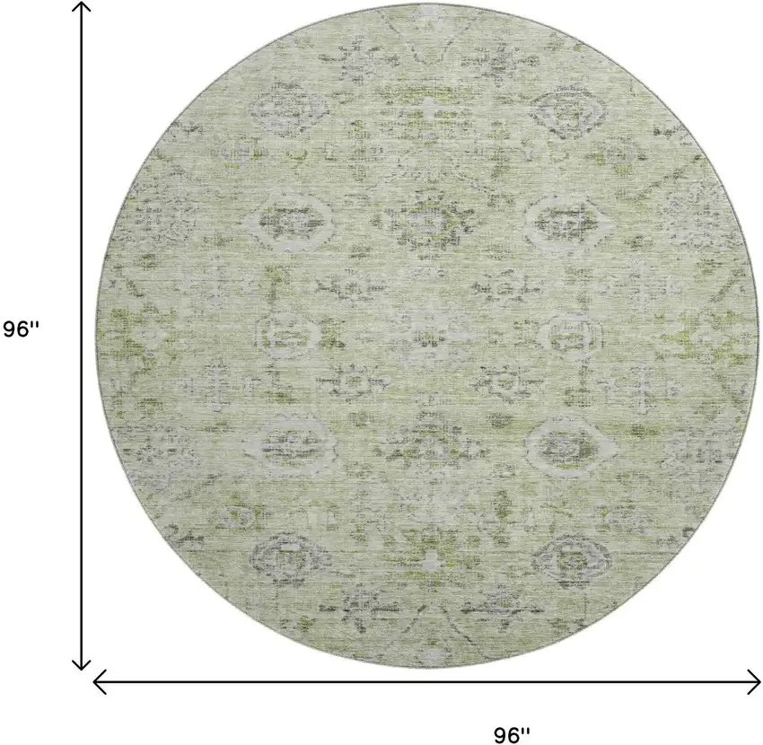 8' Artichoke Green Gray And Silver Damask Washable Round Rug With UV Protection Photo 9