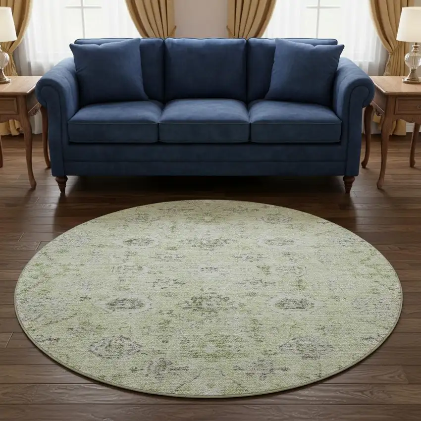 8' Artichoke Green Gray And Silver Damask Washable Round Rug With UV Protection Photo 2