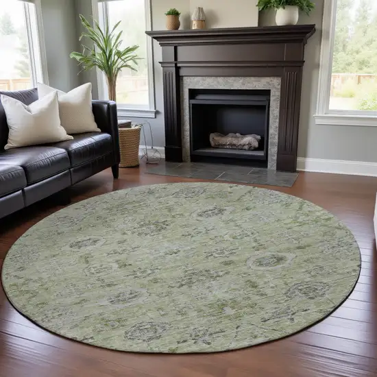 8' Artichoke Green Gray And Silver Damask Washable Round Rug With UV Protection Photo 4