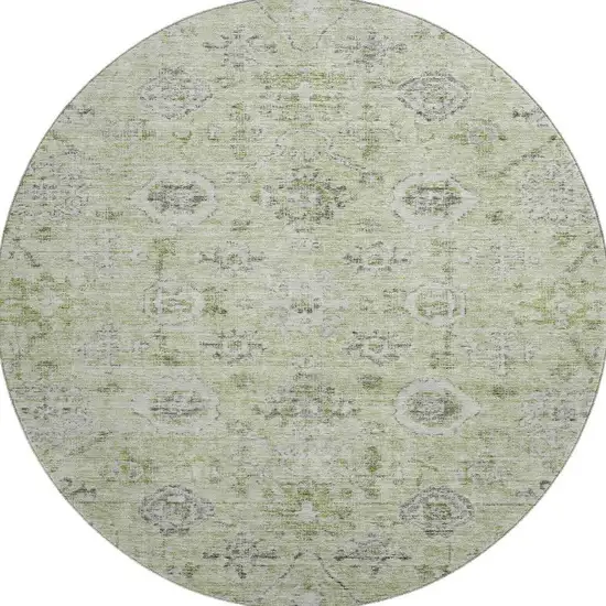 8' Artichoke Green Gray And Silver Damask Washable Round Rug With UV Protection Photo 3