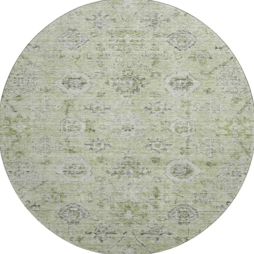 8' Artichoke Green Gray And Silver Damask Washable Round Rug With UV Protection Photo 3
