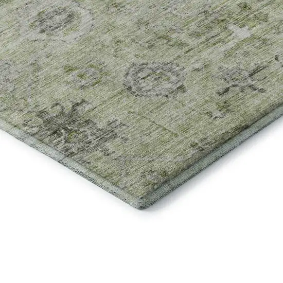 8' Artichoke Green Gray And Silver Damask Washable Round Rug With UV Protection Photo 7