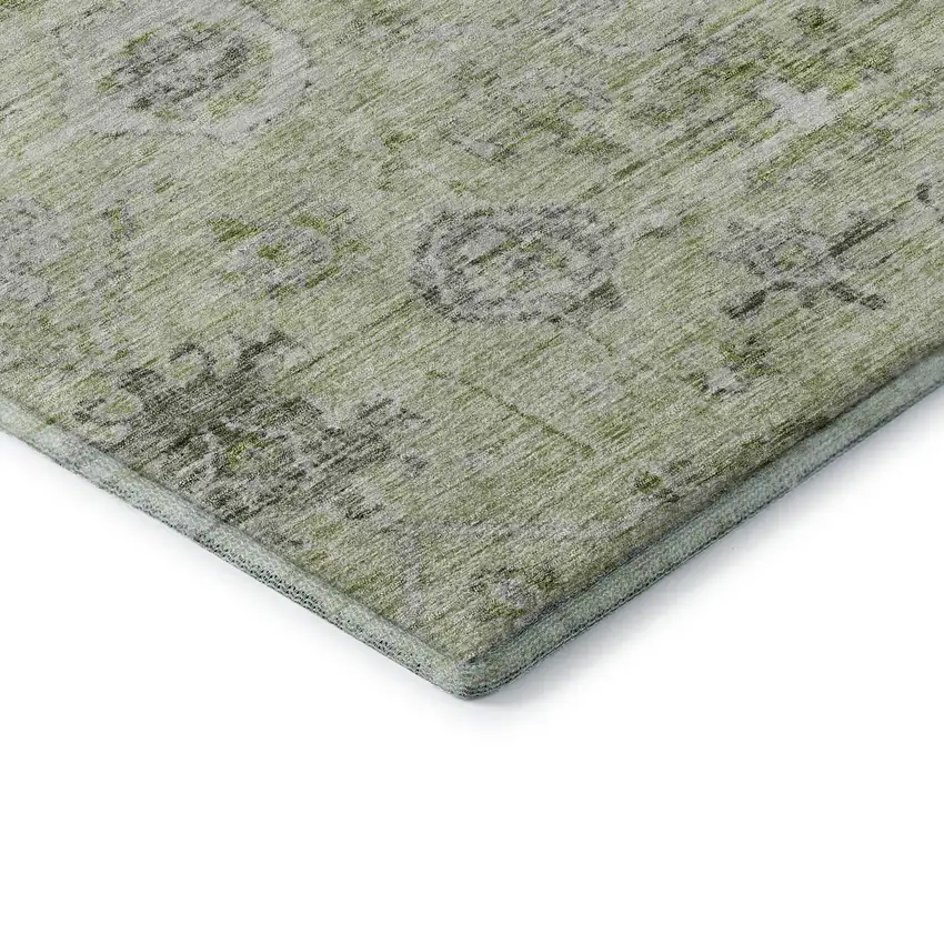 8' Artichoke Green Gray And Silver Damask Washable Round Rug With UV Protection Photo 7