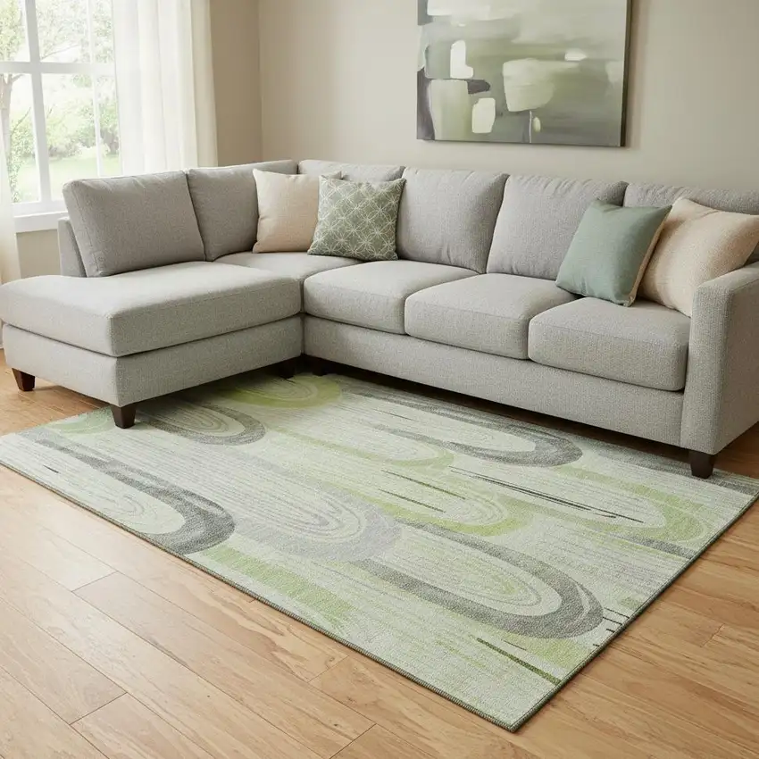 8' Artichoke Green Gray And Silver Geometric Washable Area Rug With UV Protection Photo 2