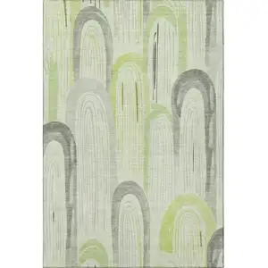 Photo of 8' Artichoke Green Gray And Silver Geometric Washable Area Rug With UV Protection