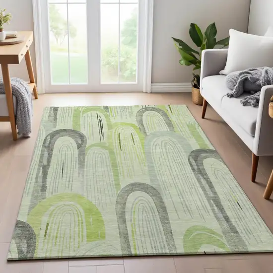 8' Artichoke Green Gray And Silver Geometric Washable Area Rug With UV Protection Photo 4