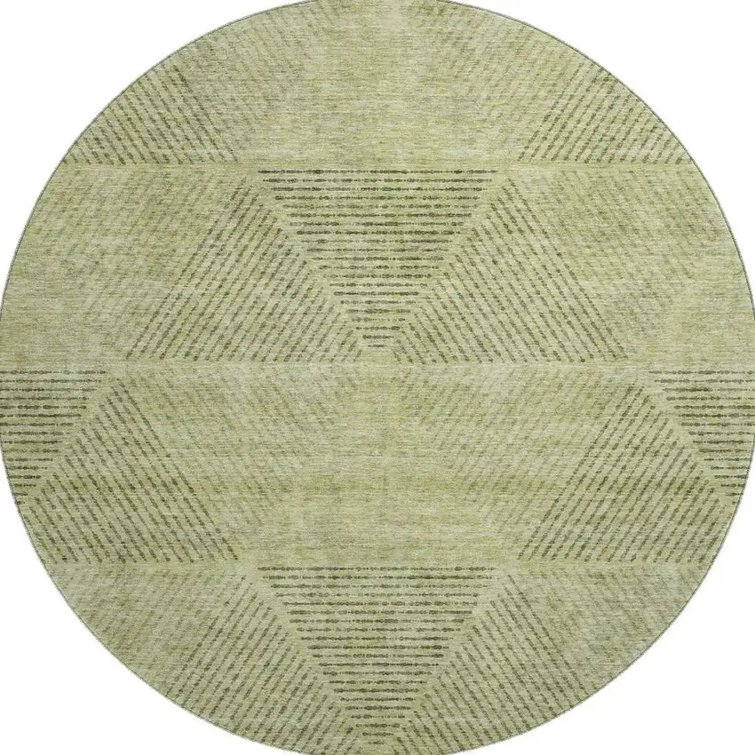 8' Artichoke Green Gray And Silver Geometric Washable Round Rug With UV Protection Photo 3