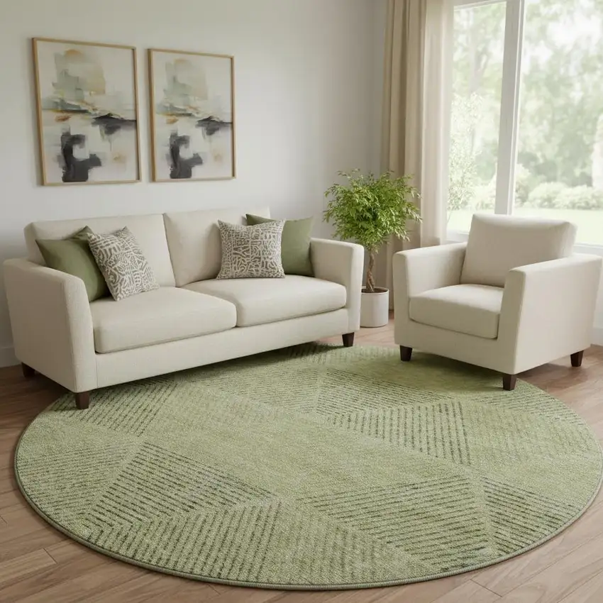 8' Artichoke Green Gray And Silver Geometric Washable Round Rug With UV Protection Photo 1