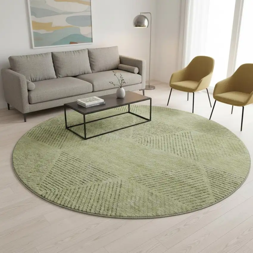 8' Artichoke Green Gray And Silver Geometric Washable Round Rug With UV Protection Photo 2