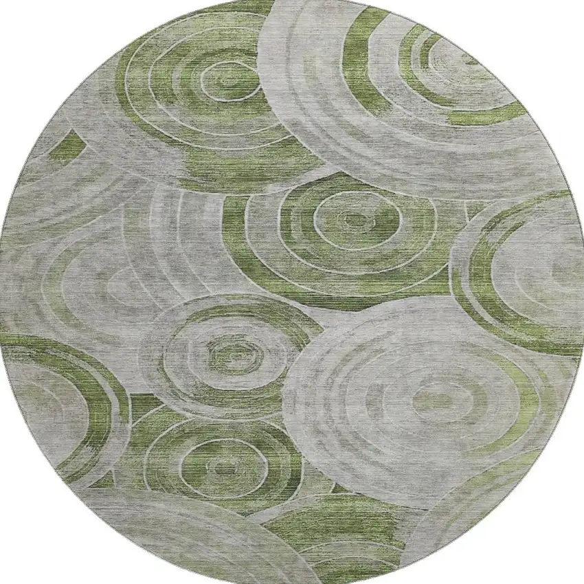 8' Artichoke Green Gray And Silver Geometric Washable Round Rug With UV Protection Photo 3