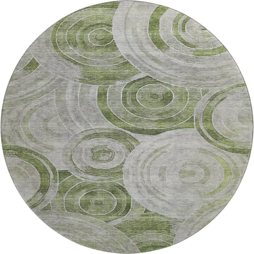 8' Artichoke Green Gray And Silver Geometric Washable Round Rug With UV Protection Photo 1