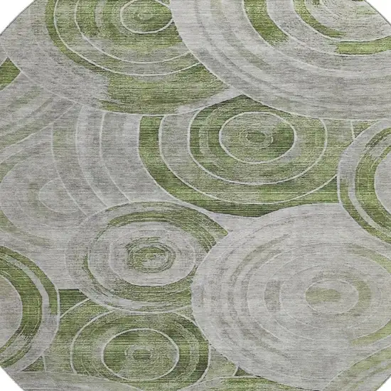 8' Artichoke Green Gray And Silver Geometric Washable Round Rug With UV Protection Photo 2