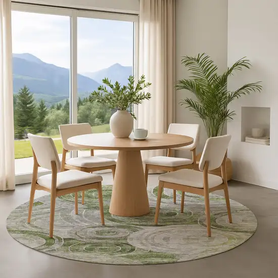 8' Artichoke Green Gray And Silver Geometric Washable Round Rug With UV Protection Photo 4