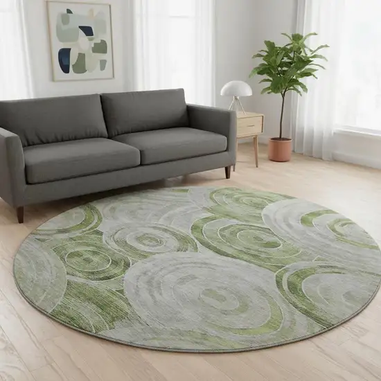8' Artichoke Green Gray And Silver Geometric Washable Round Rug With UV Protection Photo 2