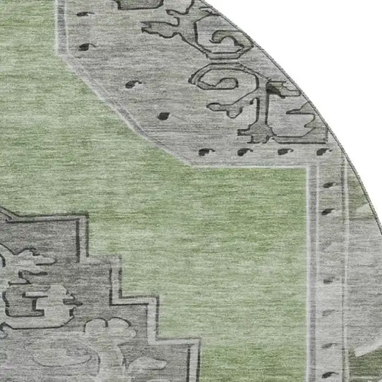 8' Artichoke Green Gray And Silver Oriental Washable Round Rug With UV Protection Photo 2