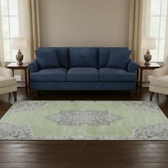 8' Artichoke Green Gray And Silver Oriental Washable Round Rug With UV Protection Photo 2