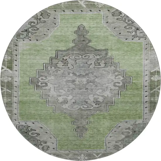 8' Artichoke Green Gray And Silver Oriental Washable Round Rug With UV Protection Photo 1