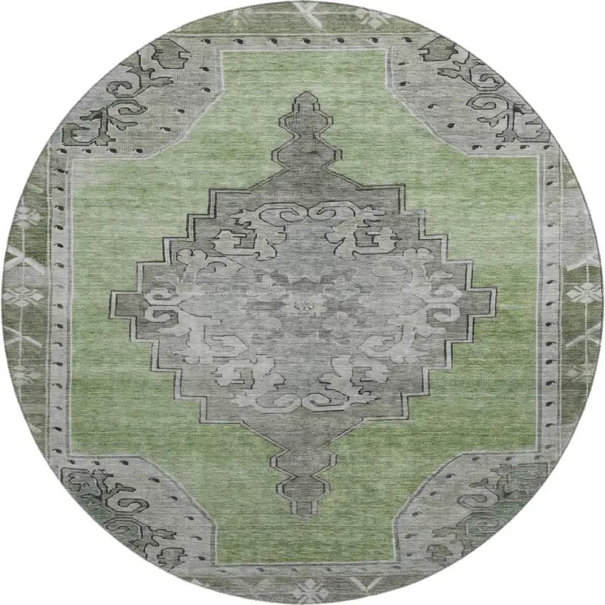 8' Artichoke Green Gray And Silver Oriental Washable Round Rug With UV Protection Photo 1