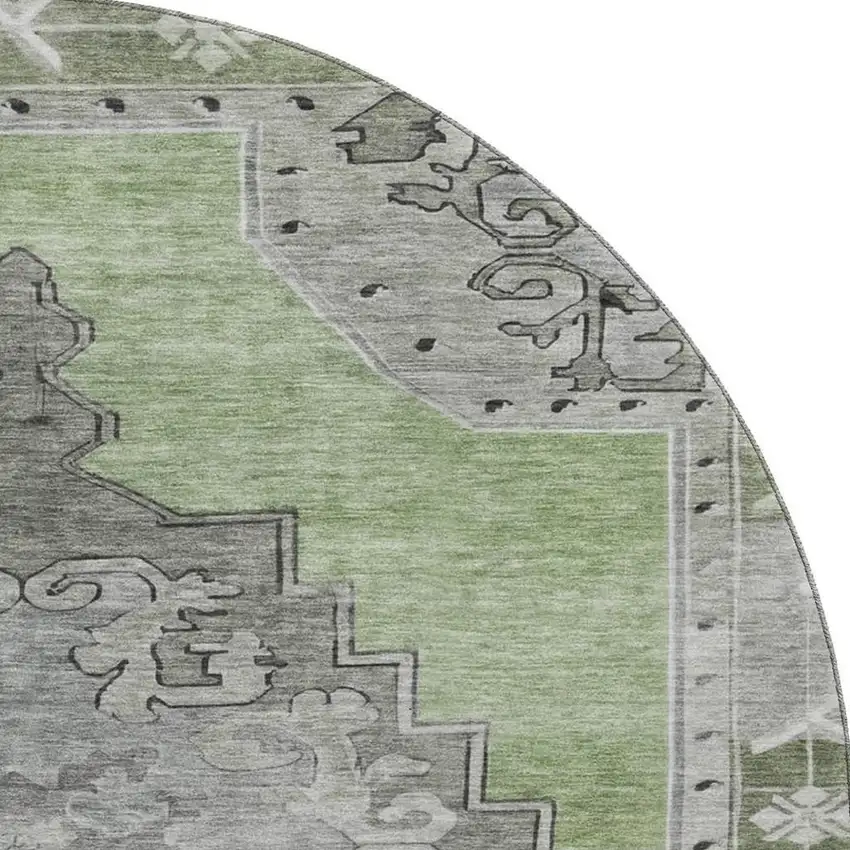 8' Artichoke Green Gray And Silver Oriental Washable Round Rug With UV Protection Photo 3