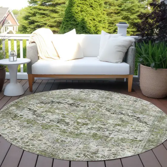8' Artichoke Green Gray And Silver Round Floral Washable Indoor Outdoor Area Rug Photo 5