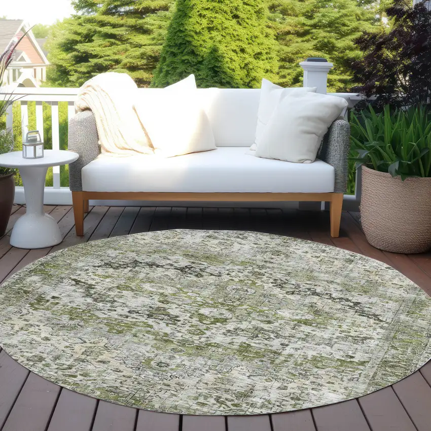 8' Artichoke Green Gray And Silver Round Floral Washable Indoor Outdoor Area Rug Photo 5