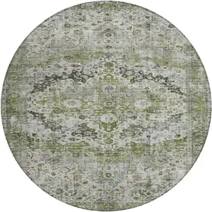 Photo of 8' Artichoke Green Gray And Silver Round Floral Washable Indoor Outdoor Area Rug
