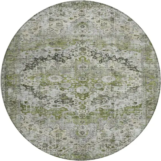 8' Artichoke Green Gray And Silver Round Floral Washable Indoor Outdoor Area Rug Photo 1