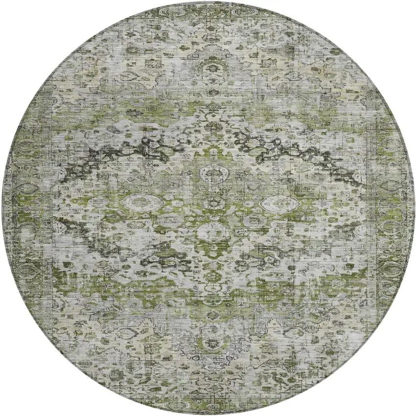 8' Artichoke Green Gray And Silver Round Floral Washable Indoor Outdoor Area Rug Photo 1