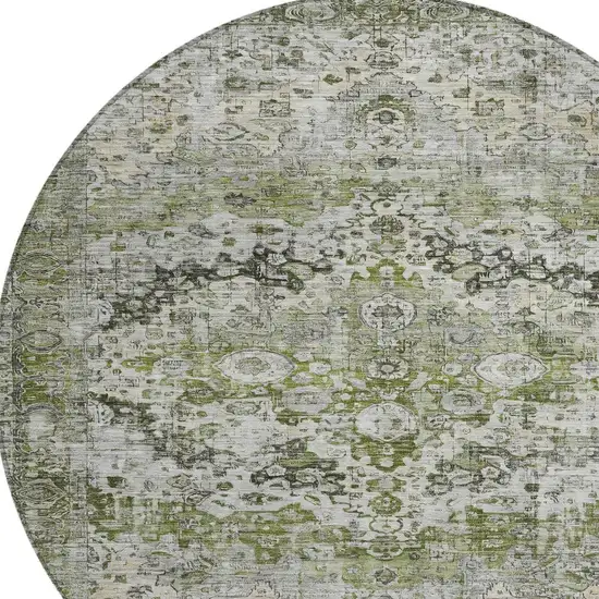 8' Artichoke Green Gray And Silver Round Floral Washable Indoor Outdoor Area Rug Photo 8