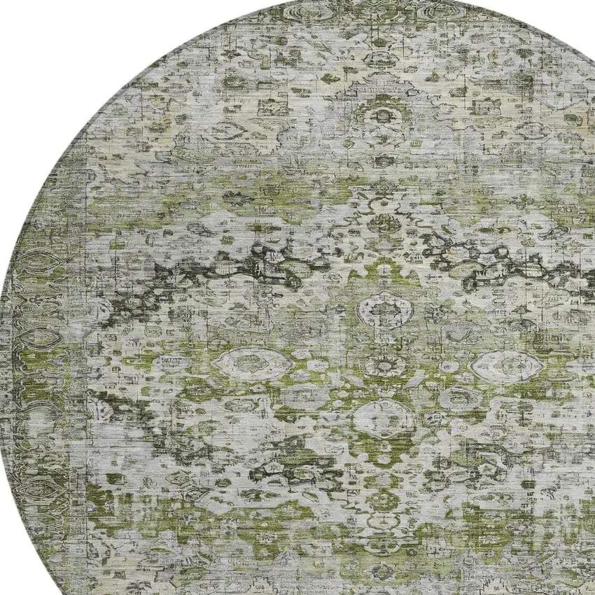 8' Artichoke Green Gray And Silver Round Floral Washable Indoor Outdoor Area Rug Photo 8