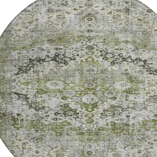 8' Artichoke Green Gray And Silver Round Floral Washable Indoor Outdoor Area Rug Photo 4