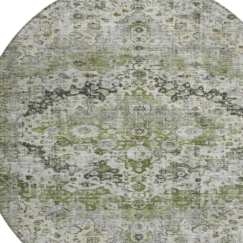8' Artichoke Green Gray And Silver Round Floral Washable Indoor Outdoor Area Rug Photo 4