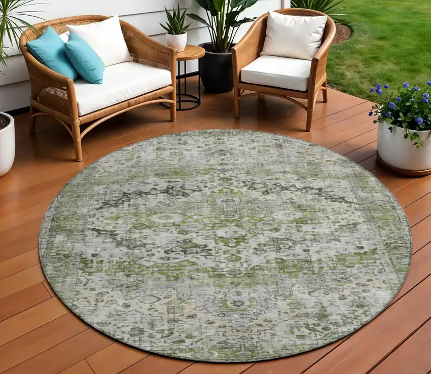 8' Artichoke Green Gray And Silver Round Floral Washable Indoor Outdoor Area Rug Photo 2