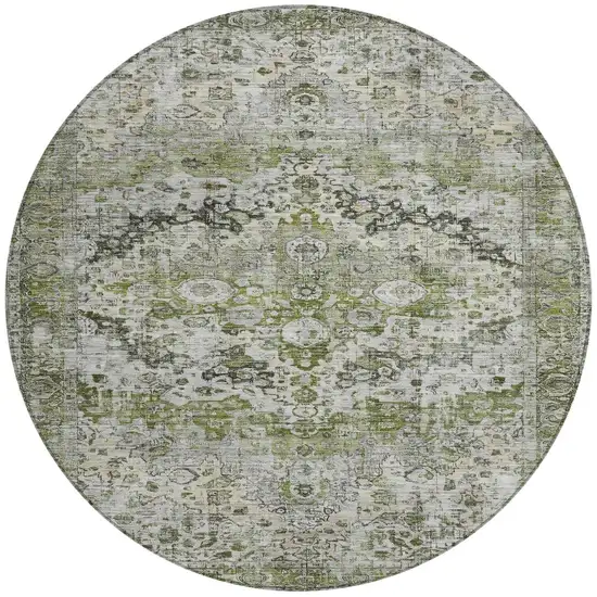8' Artichoke Green Gray And Silver Round Floral Washable Indoor Outdoor Area Rug Photo 3
