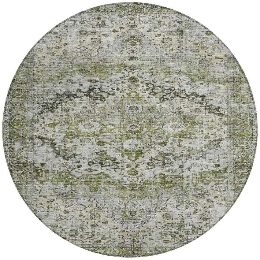 8' Artichoke Green Gray And Silver Round Floral Washable Indoor Outdoor Area Rug Photo 3