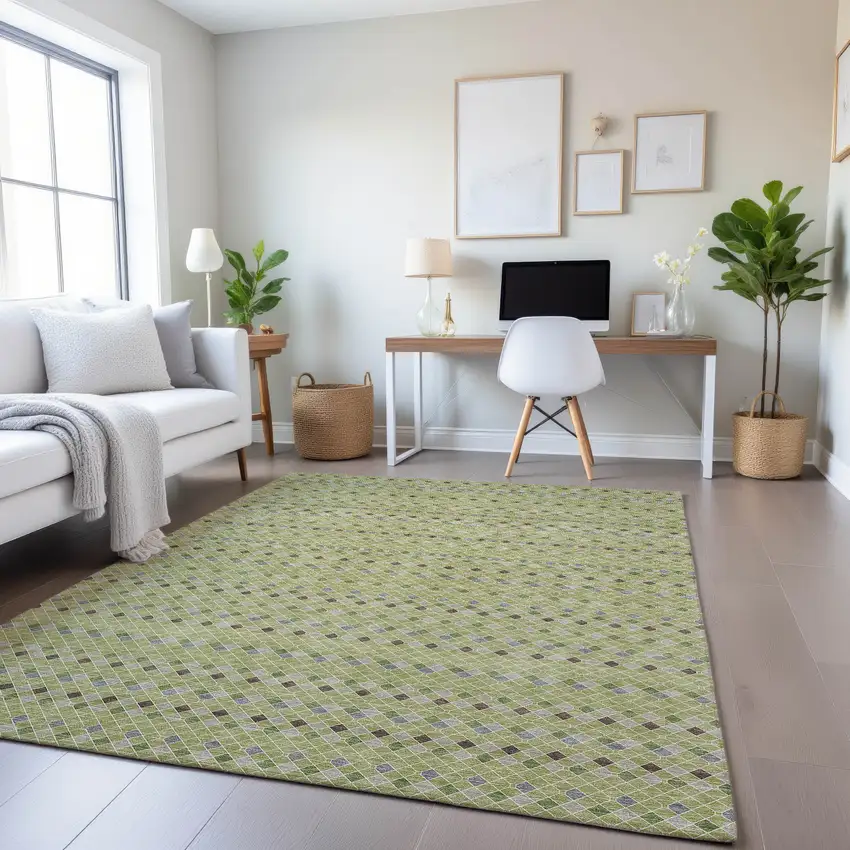 8' Artichoke Green Gray And Silver Striped Washable Area Rug With UV Protection Photo 4