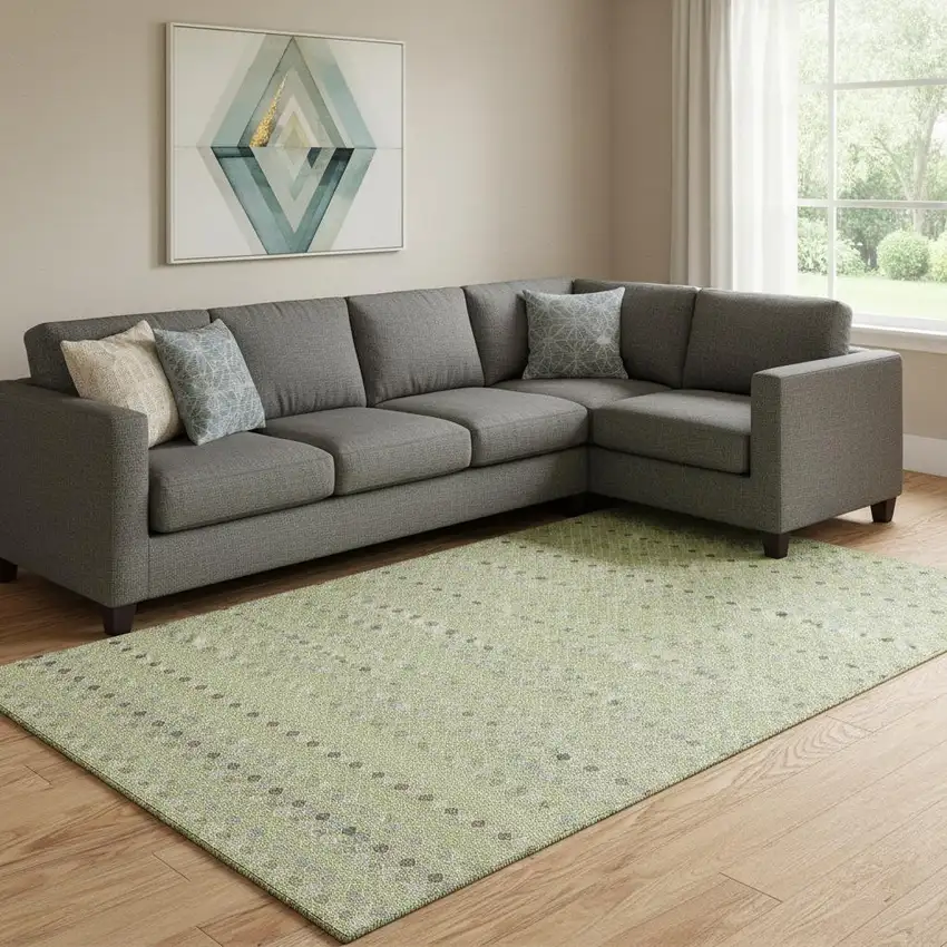 8' Artichoke Green Gray And Silver Striped Washable Area Rug With UV Protection Photo 2