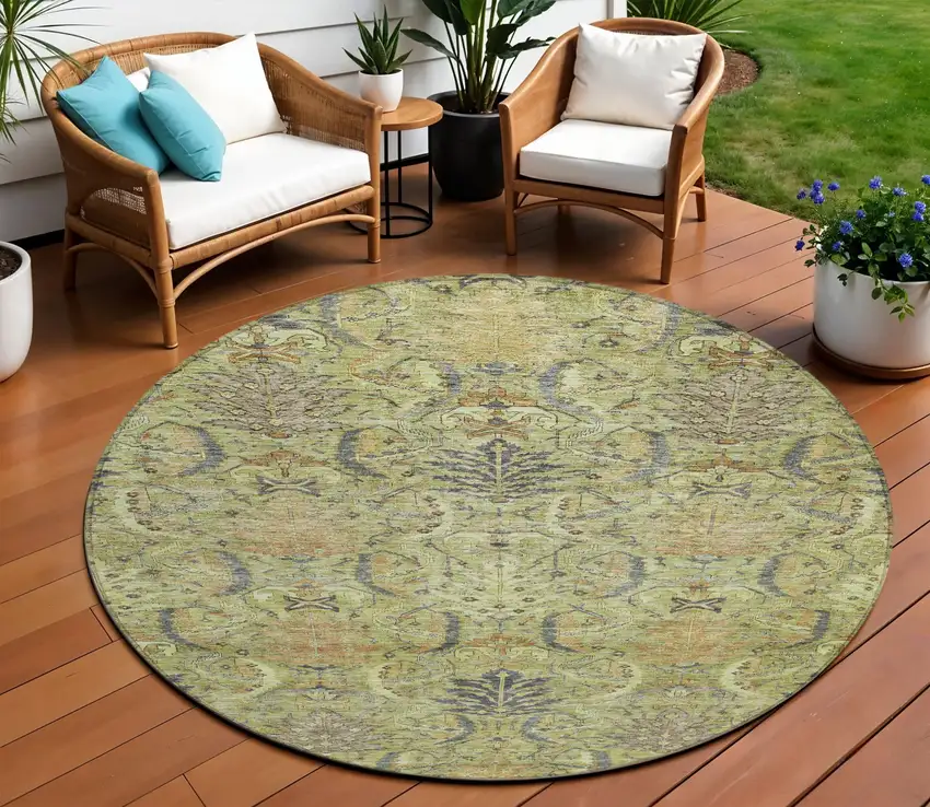 8' Artichoke Green Gray And Tan Round Damask Washable Indoor Outdoor Area Rug Photo 1