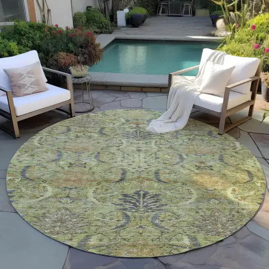 8' Artichoke Green Gray And Tan Round Damask Washable Indoor Outdoor Area Rug Photo 8