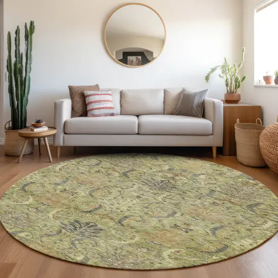 8' Artichoke Green Gray And Tan Round Damask Washable Indoor Outdoor Area Rug Photo 9
