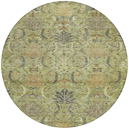 8' Artichoke Green Gray And Tan Round Damask Washable Indoor Outdoor Area Rug Photo 7
