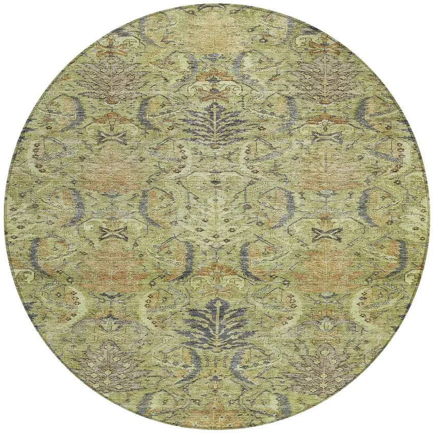 8' Artichoke Green Gray And Tan Round Damask Washable Indoor Outdoor Area Rug Photo 7