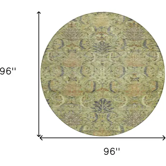 8' Artichoke Green Gray And Tan Round Damask Washable Indoor Outdoor Area Rug Photo 8