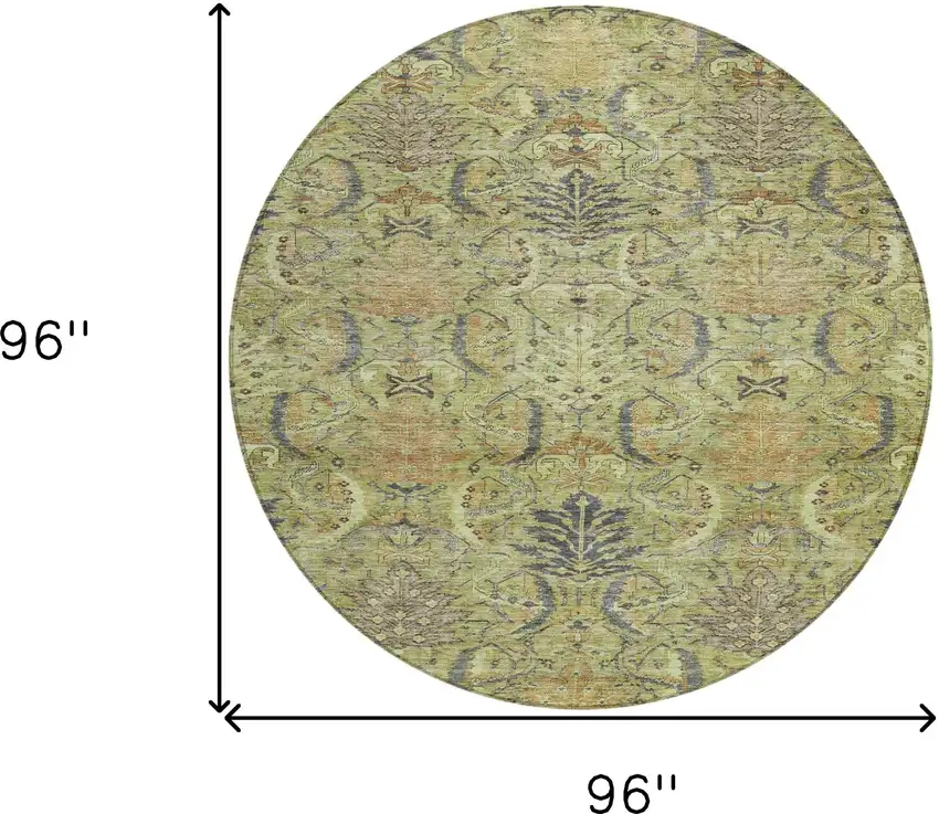 8' Artichoke Green Gray And Tan Round Damask Washable Indoor Outdoor Area Rug Photo 8