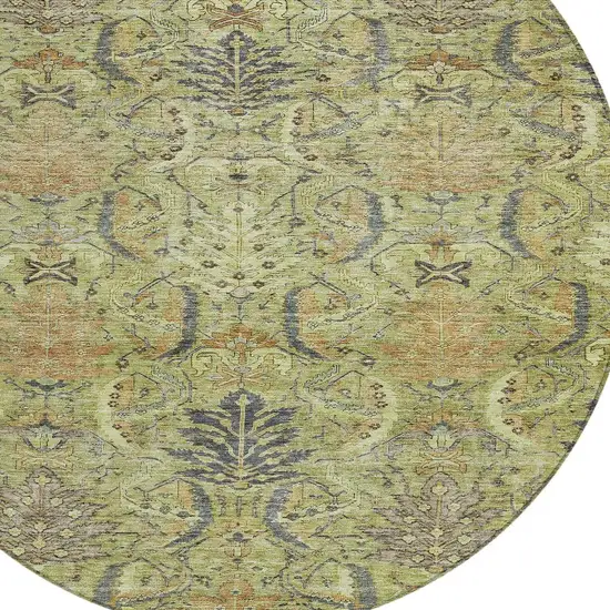 8' Artichoke Green Gray And Tan Round Damask Washable Indoor Outdoor Area Rug Photo 6