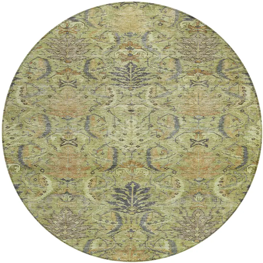 8' Artichoke Green Gray And Tan Round Damask Washable Indoor Outdoor Area Rug Photo 2