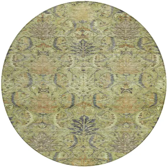 8' Artichoke Green Gray And Tan Round Damask Washable Indoor Outdoor Area Rug Photo 2