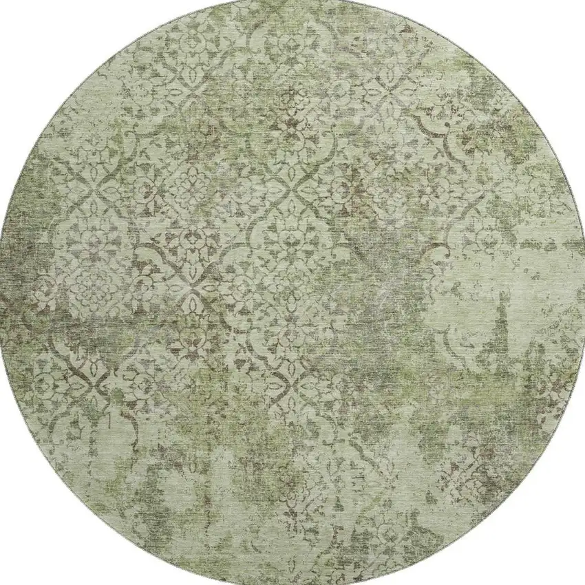 8' Artichoke Green Gray And Taupe Abstract Washable Round Rug With UV Protection Photo 4