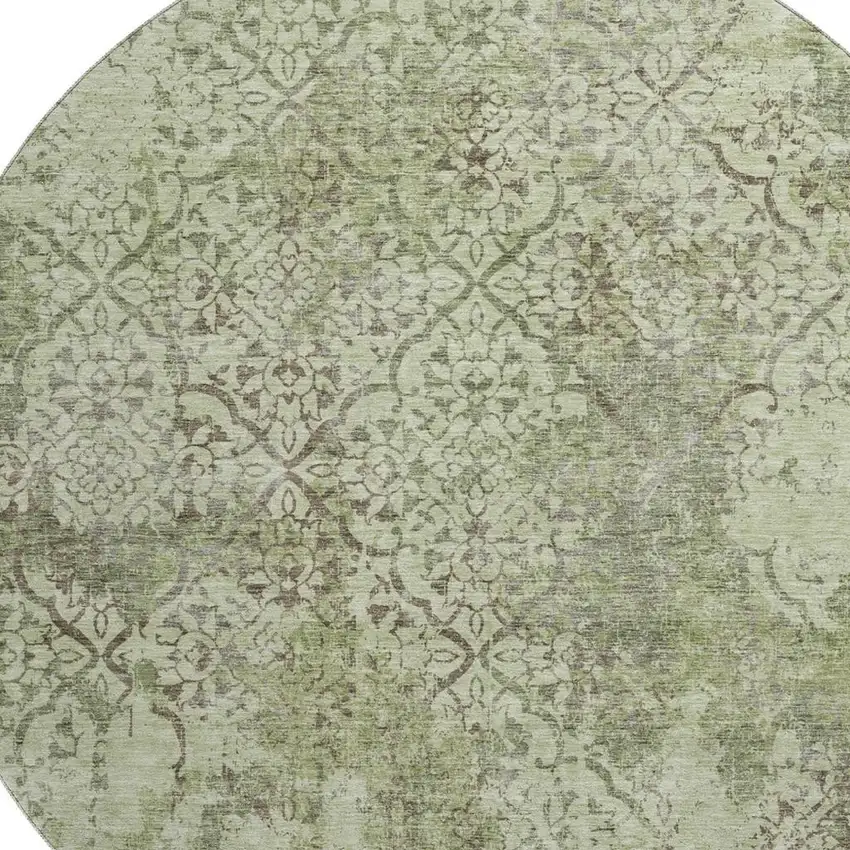8' Artichoke Green Gray And Taupe Abstract Washable Round Rug With UV Protection Photo 3