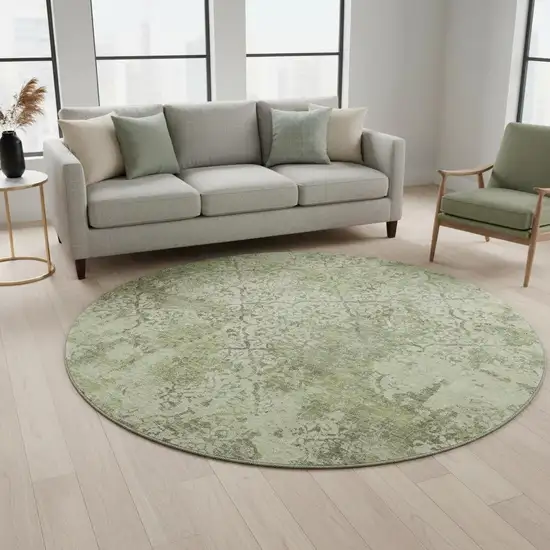 8' Artichoke Green Gray And Taupe Abstract Washable Round Rug With UV Protection Photo 2